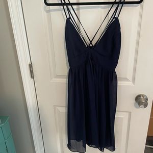 Strappy navy dress with chiffon overlay